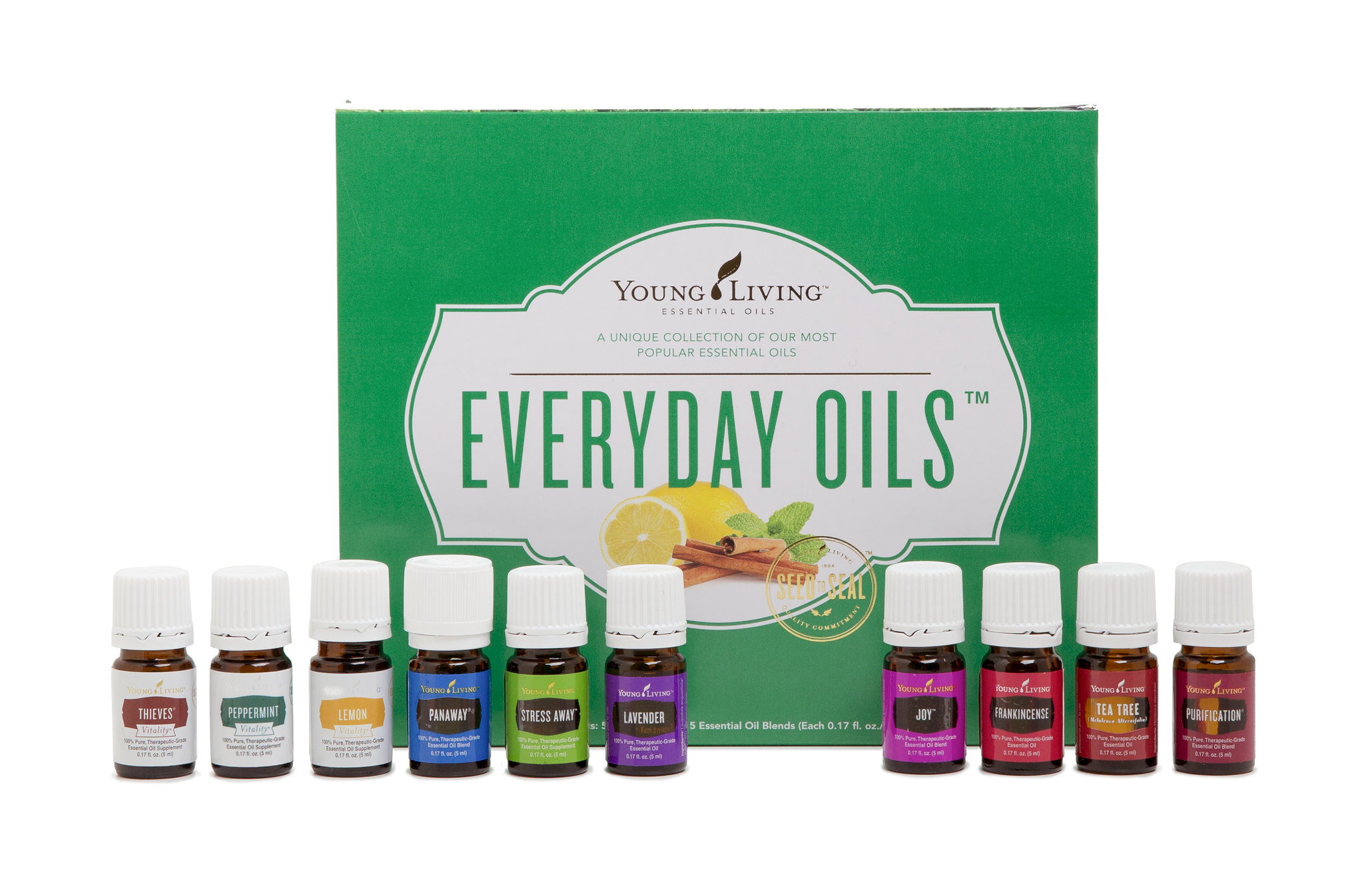 Young Living’s Everyday Oils Collection contains the essential oils of Thieves Vitality, Peppermint Vitality, Lemon Vitality, PanAway, Stress Away, Lavender, Joy, Frankincense, Tea Tree, and Purification.
