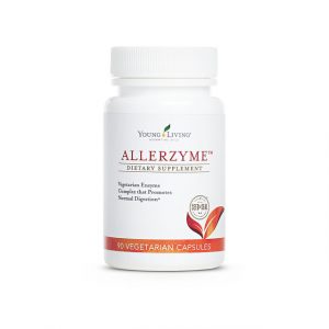 a bottle of Young Living's Allerzyme enzyme supplement.