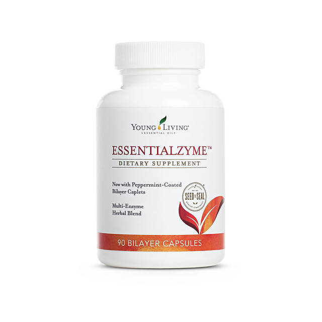 a bottle of Young Living Essentialzyme dietary supplement capsules