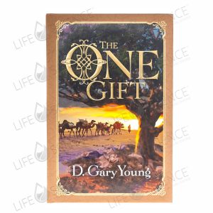 the cover of the book "The One Gift" by D. Gary Young, featuring a frankincense tree in the foreground and a camel caravan in the background.