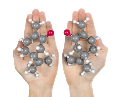 Two chiral forms of the constituent carvone. The left enantiomer is found in Dill essential oil, while the form on the right is found in Spearmint essential oil.