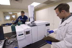 A lab technician checks the gas chromatograph/mass spectrometer instruments in the Spanish Fork, Utah, Young Living laboratory.