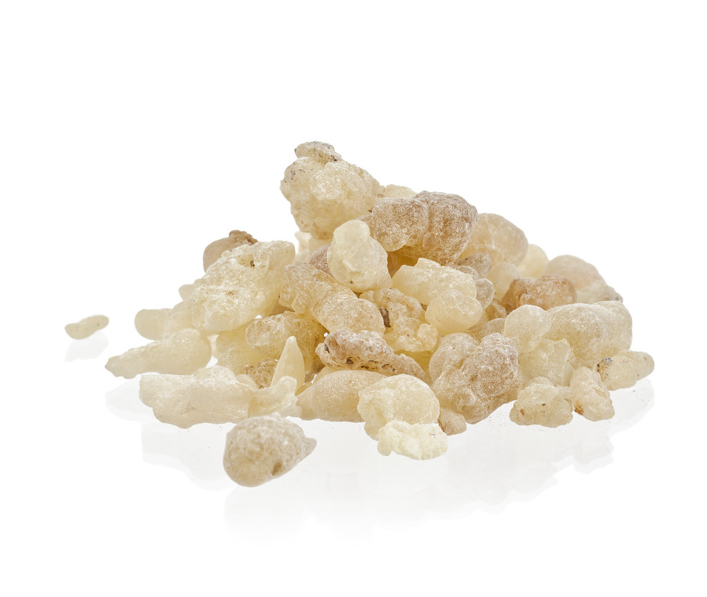 Small, hard, white globules of frankincense resin, from which pure therapeutic grade essential oil can be made.