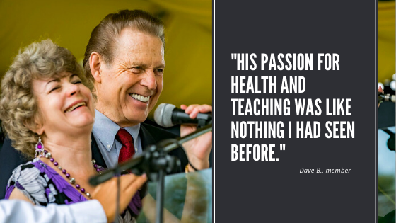 Quote featuring picture of Gary and Mary Young, at a microphone: "His passion for health and teaching was like nothing I had seen before."